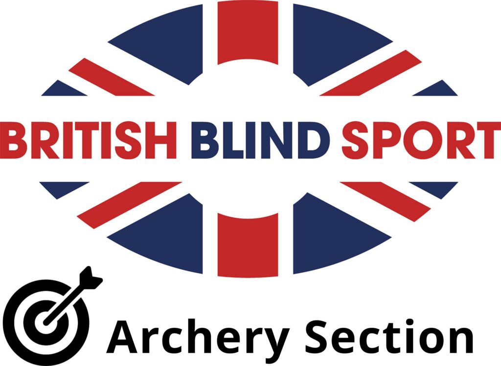 British Blind Sport – Archery Section logo. A stylised Union Flag forming the shape of an eye with curved red and dark blue shapes. The words ‘British Blind Sport’ appear in bold capital letters through the middle of the eye, with ‘British’ and ‘Sport’ in red and ‘Blind’ in dark blue. Below, the words ‘Archery Section’ appear in black, alongside a simple black target icon with an arrow in the centre